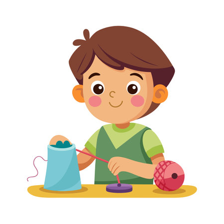 247427553 young boy crafting using yarn and cardboard tubes at a yellow table